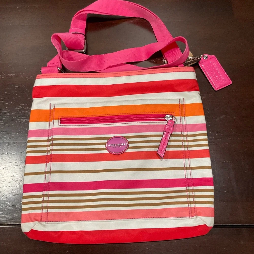 COACH GETAWAY STRIPED CROSSBODY‎ BAG PINK ORANGE BROWN WHITE